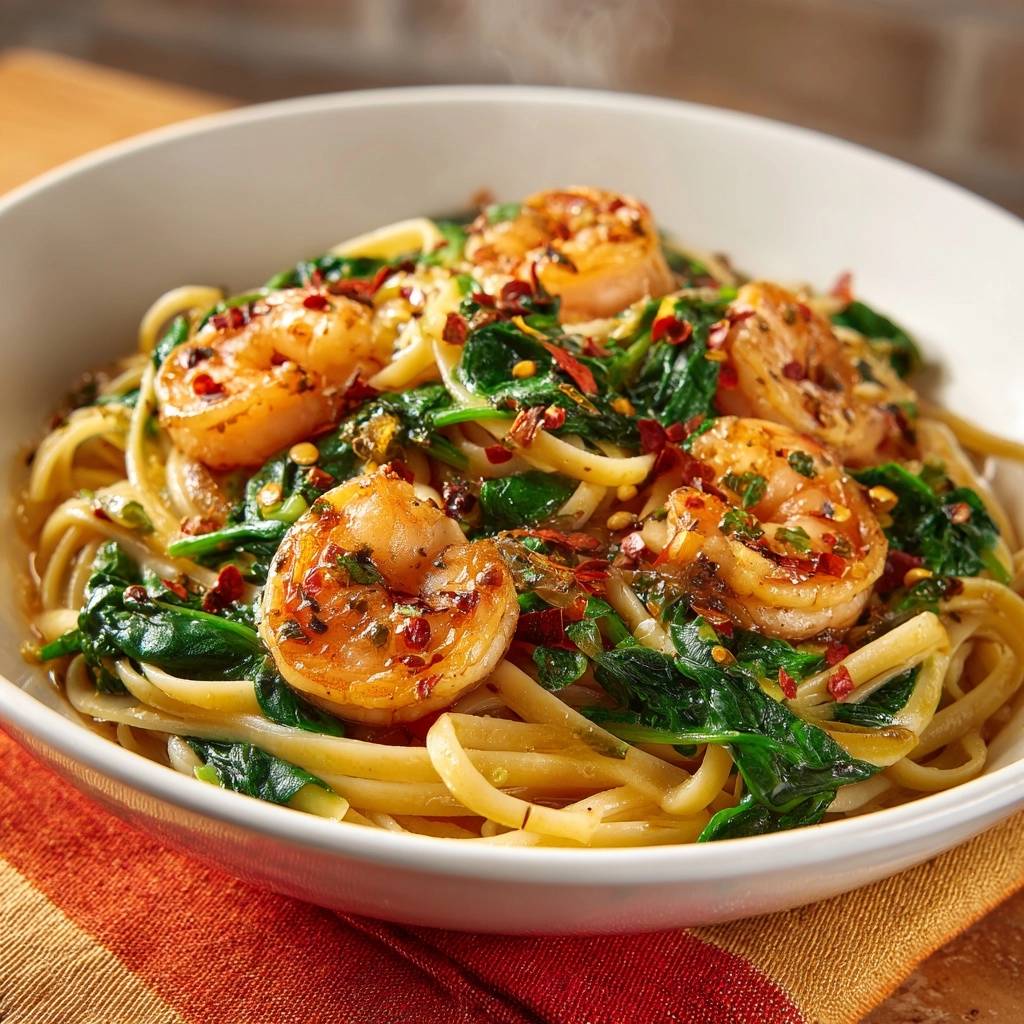 Garlic Shrimp Spinach Pasta features plump shrimp nestled atop linguine and wilted spinach, with a sprinkle of red pepper flakes.