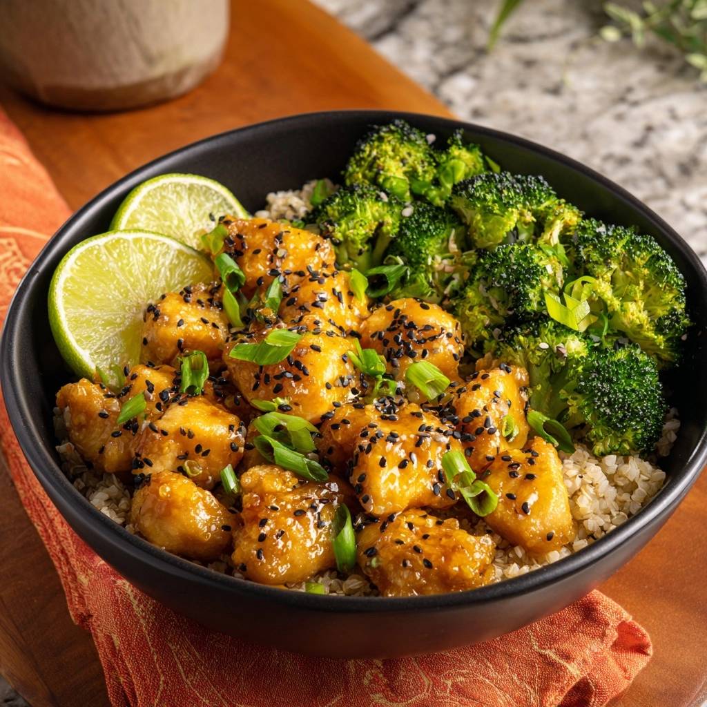 General Tso's cauliflower bowl with sesame seeds and lime wedges, showing the glazed cauliflower and broccoli.