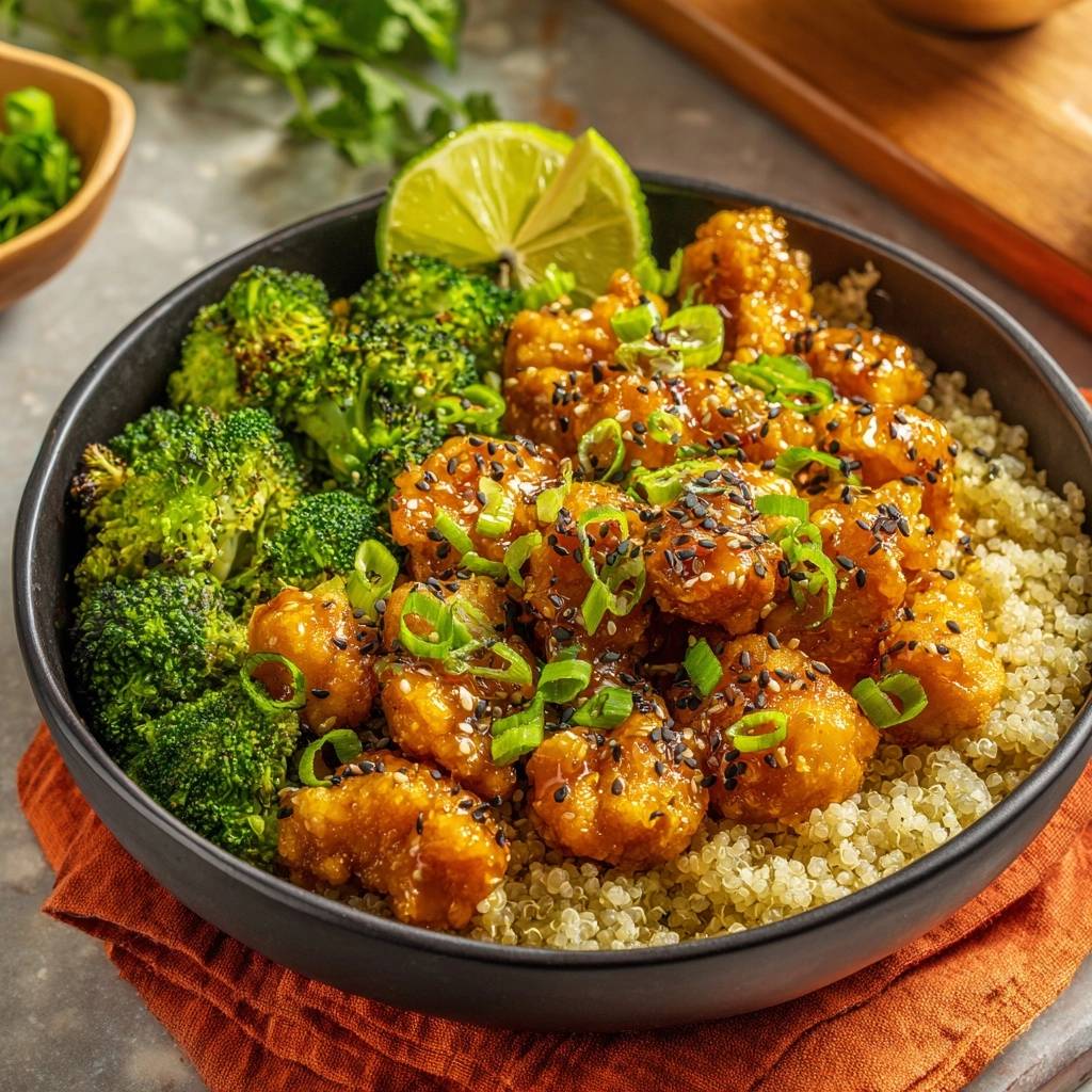 General Tso's cauliflower bowl with quinoa, broccoli, and a lime wedge, garnished with sesame seeds and scallions.