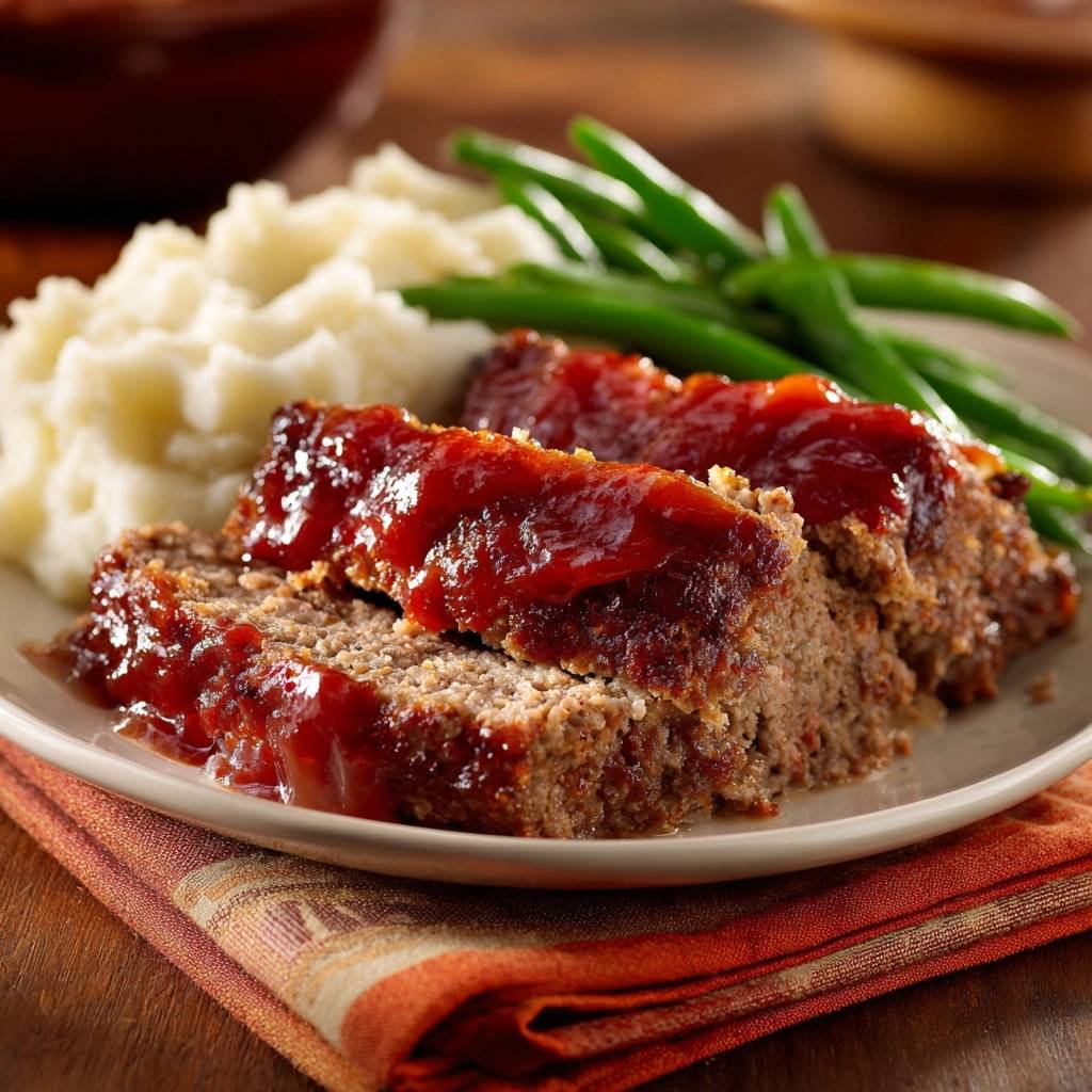 Glazed meatloaf with mashed potatoes and green beans, served sliced on a plate with a tomato glaze.
