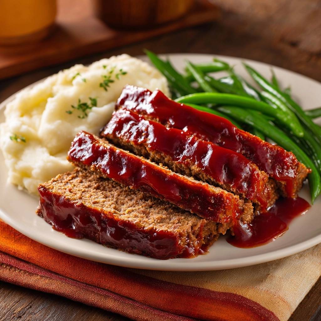 Glazed meatloaf with mashed potatoes and green beans served on a plate, sliced and ready to eat.