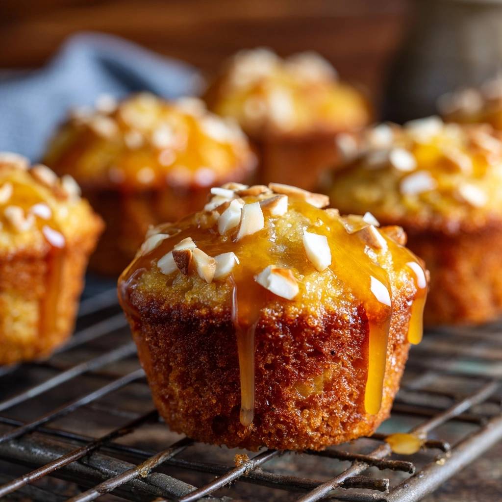 Glazed orange almond muffins with a rich caramel drip and chopped nuts, cooling on a wire rack.