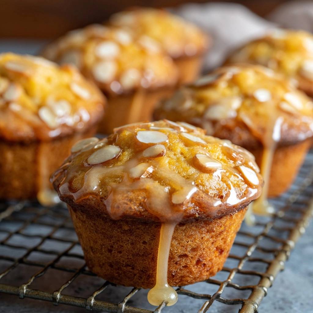 Glazed orange almond muffins with a close-up view of thick, dripping glaze and slivered almonds.