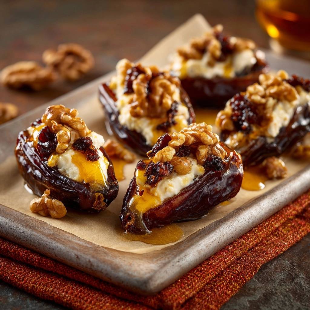 Goat cheese stuffed Medjool dates with walnuts and honey, showcasing a close-up view with a generous drizzle of golden honey.