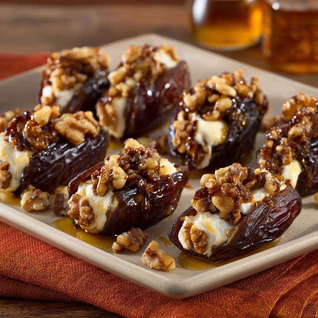 Goat cheese stuffed Medjool dates with walnuts and honey, presented on a plate with a detailed close-up view of the toppings.