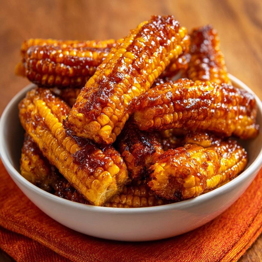 Gochujang corn ribs with a sticky glaze served in a white bowl, showing a close-up detail of the glazed corn.