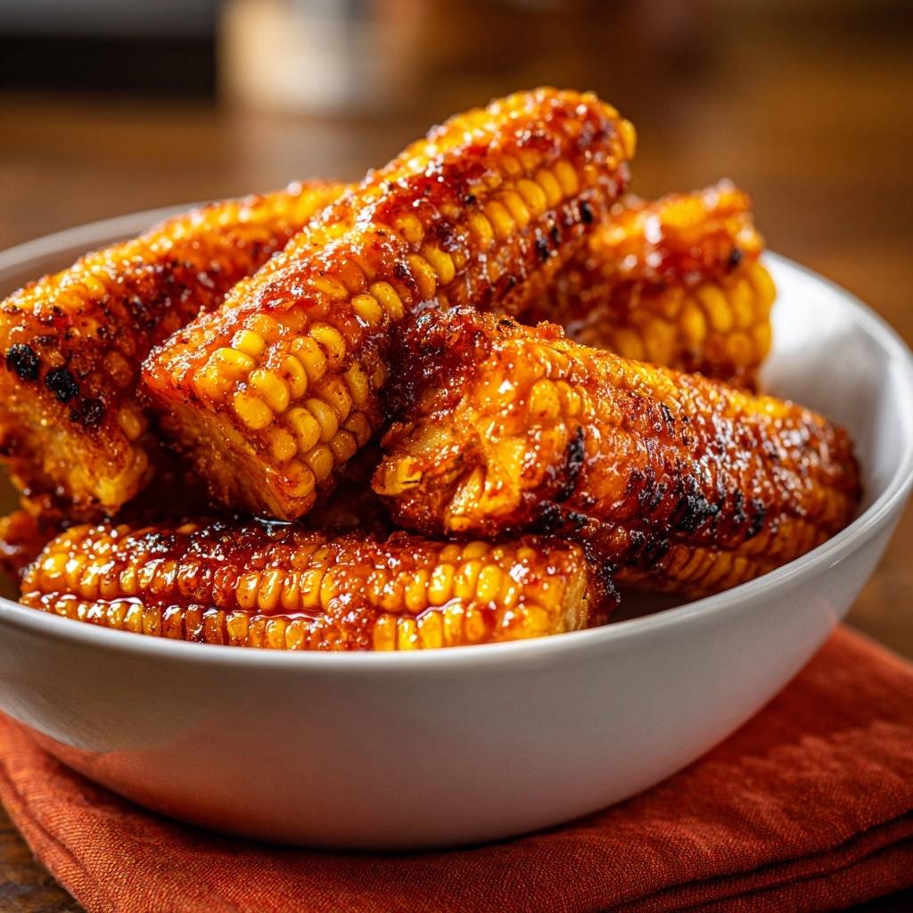Gochujang corn ribs with no-burn sticky glaze served in a white bowl on an orange napkin.
