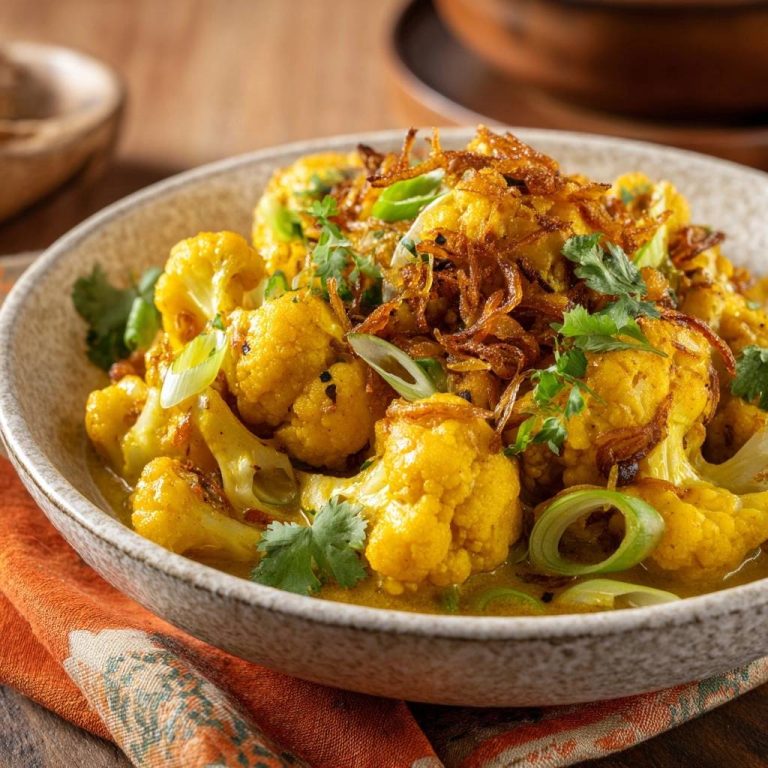 Golden turmeric cauliflower curry served in a bowl, close-up view showing crispy fried onions and fresh cilantro garnish.