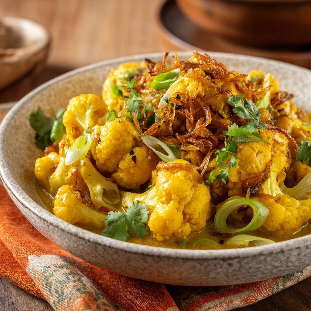 Golden turmeric cauliflower curry served in a bowl, close-up view showing crispy fried onions and fresh cilantro garnish.