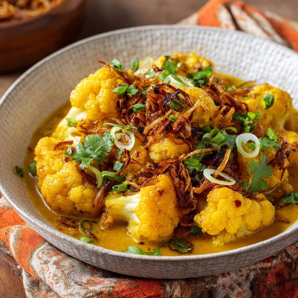 Golden turmeric cauliflower curry garnished with fried onions and fresh cilantro in a bowl.