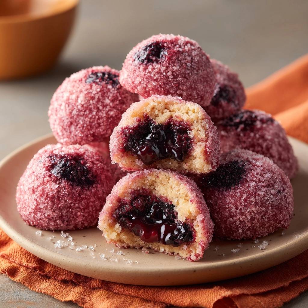 Gooey blueberry jam sugar balls recipe shown in a close-up cross-section revealing the jam filling and sugar coating.