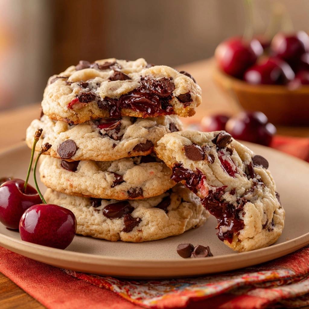 Gooey cherry chocolate chip cookies stacked high, showing a close-up cross-section of melted chocolate and cherries.