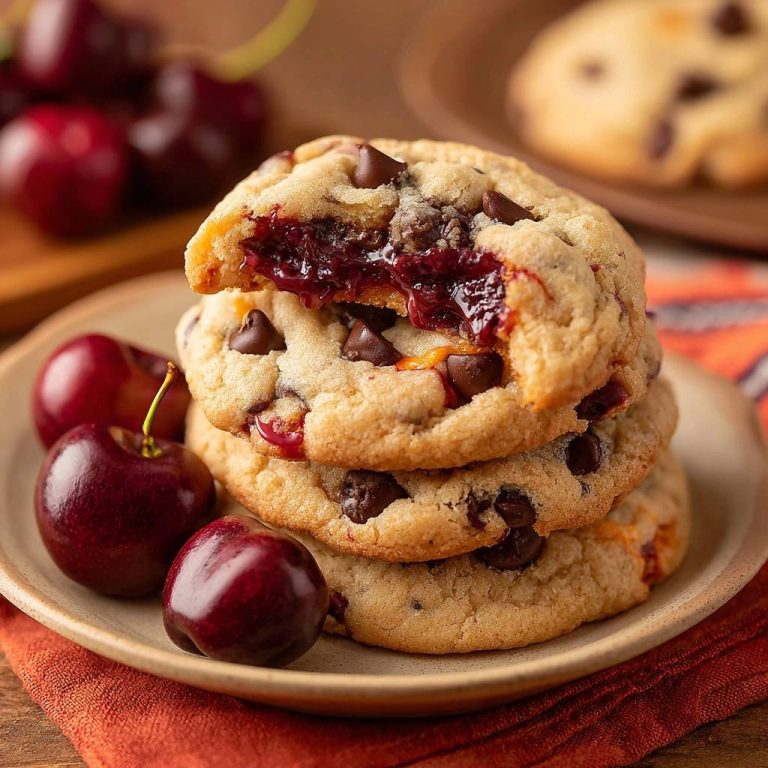 Gooey cherry chocolate chip cookies stacked with a cross-section revealing the cherry filling and chocolate chips.