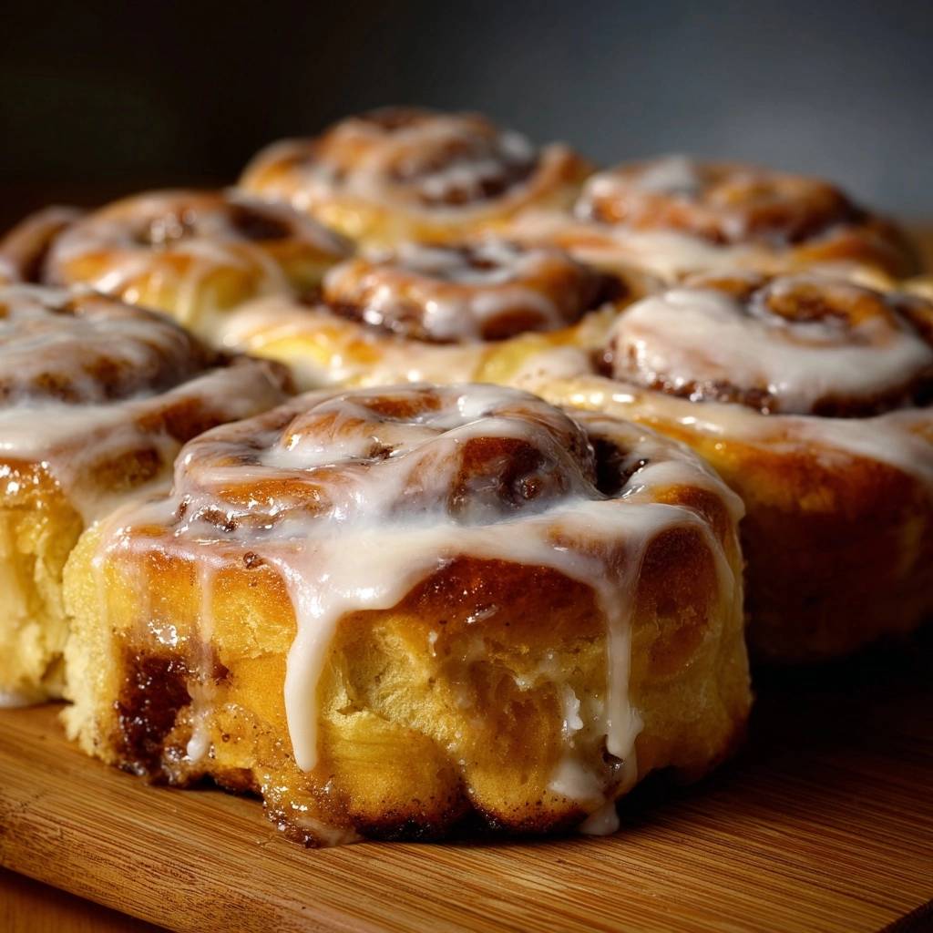 Gooey cinnamon rolls with a thick, white glaze dripping down the side of a freshly baked roll.