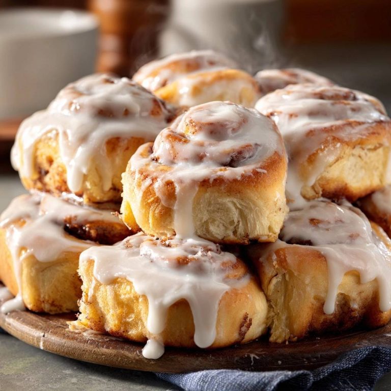 Gooey cinnamon rolls stacked high with thick white glaze dripping down the sides, showcasing their warm, freshly baked texture.