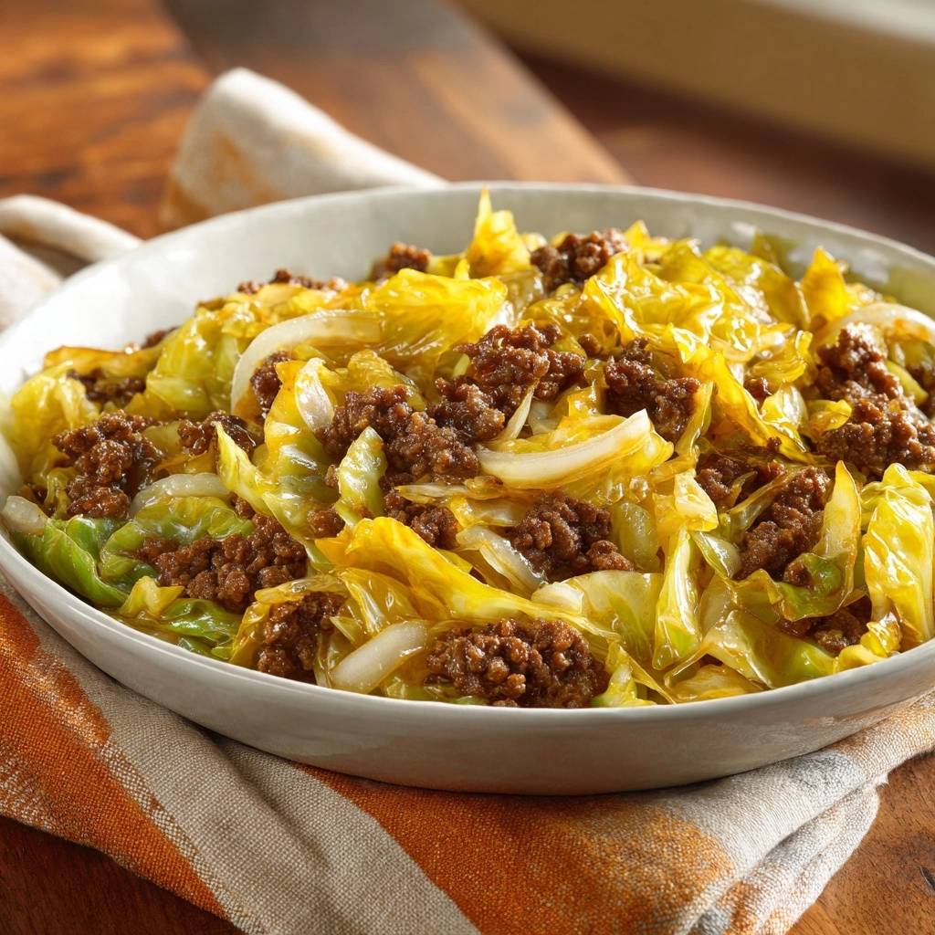 Ground beef cabbage skillet showing tender cooked cabbage and seasoned ground beef in a close-up view.