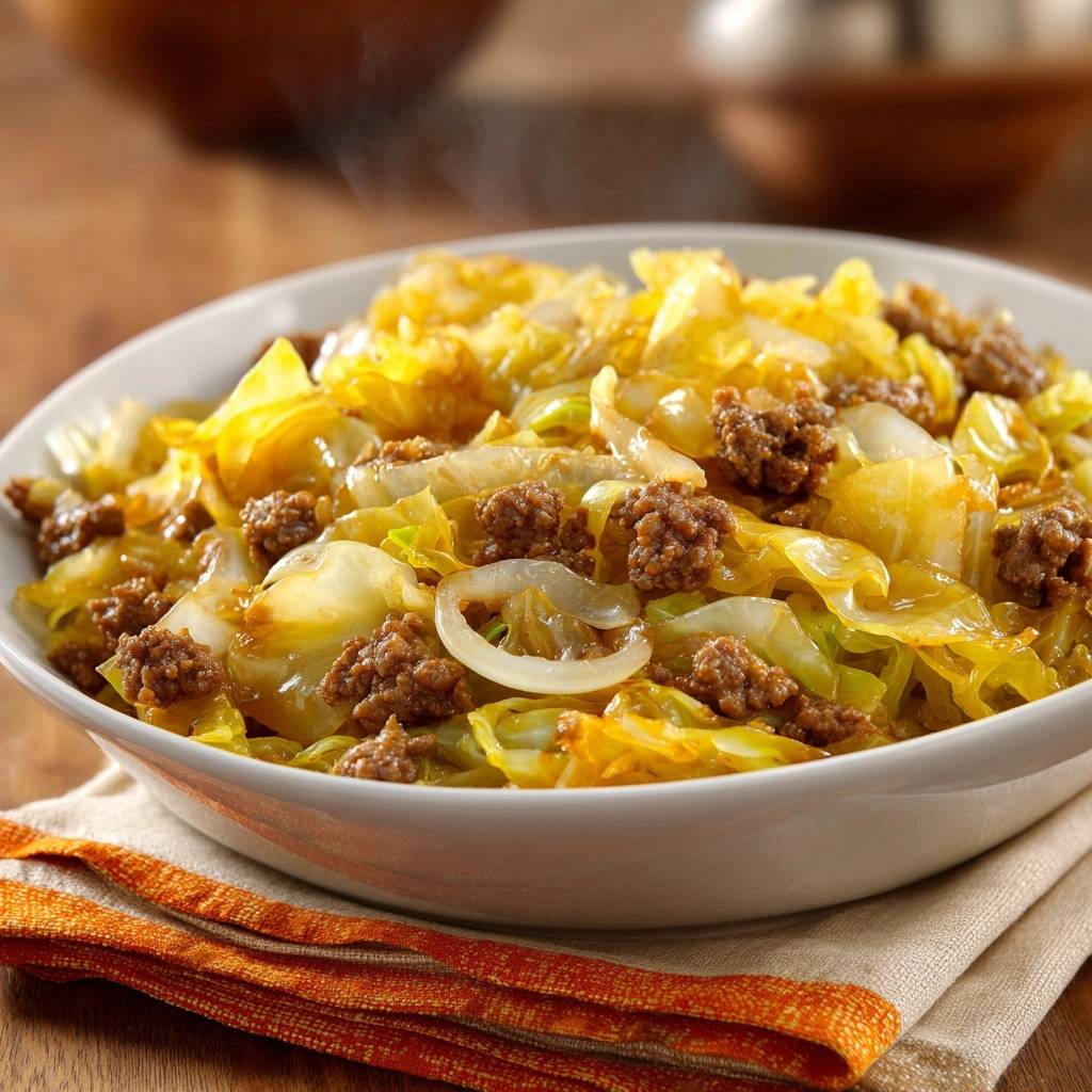 Ground Beef Cabbage Skillet served steaming in a white bowl with a textured orange napkin.