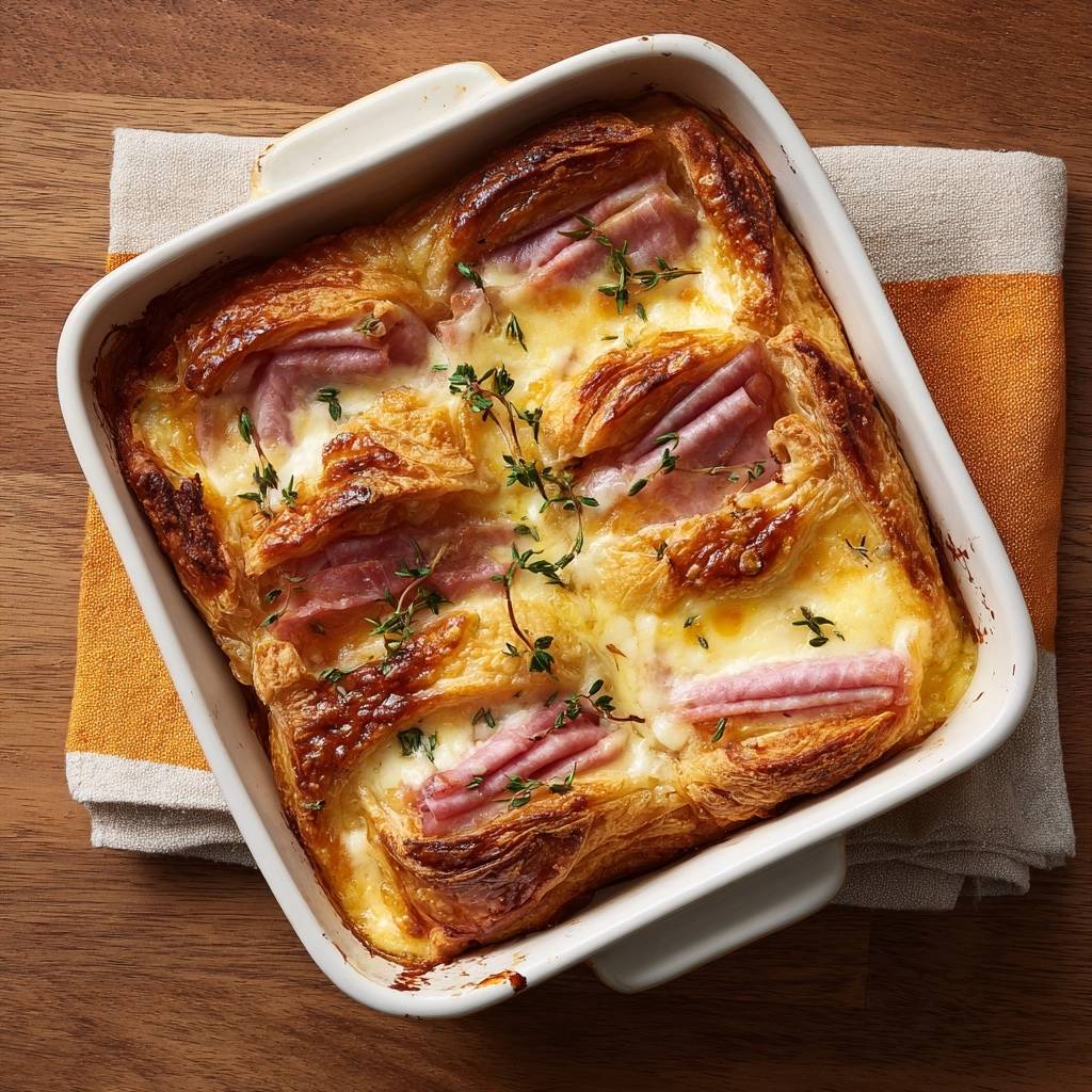 Ham & Cheese Croissant Bake is shown freshly baked in a white dish with golden pastry and fresh thyme garnish.