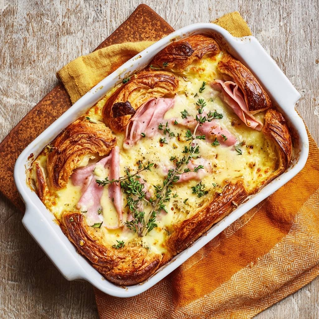 Ham & cheese croissant bake shown overhead with flaky pastry, melted cheese, and fresh thyme garnish.