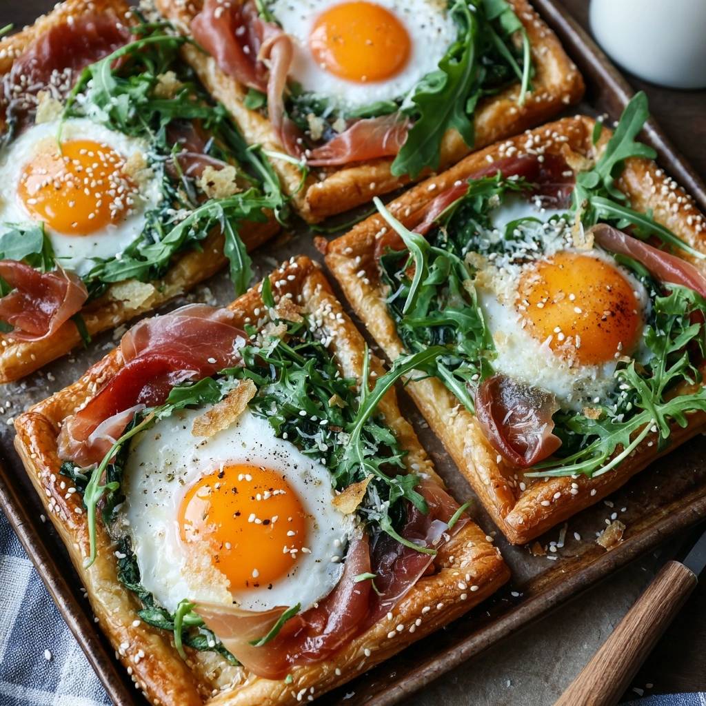 Ham and egg puff pastry tarts with arugula and prosciutto, presented in an overhead view with sesame seed garnish.