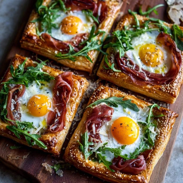 Ham and egg puff pastry tarts shown in a close-up overhead view with prosciutto and arugula garnish.