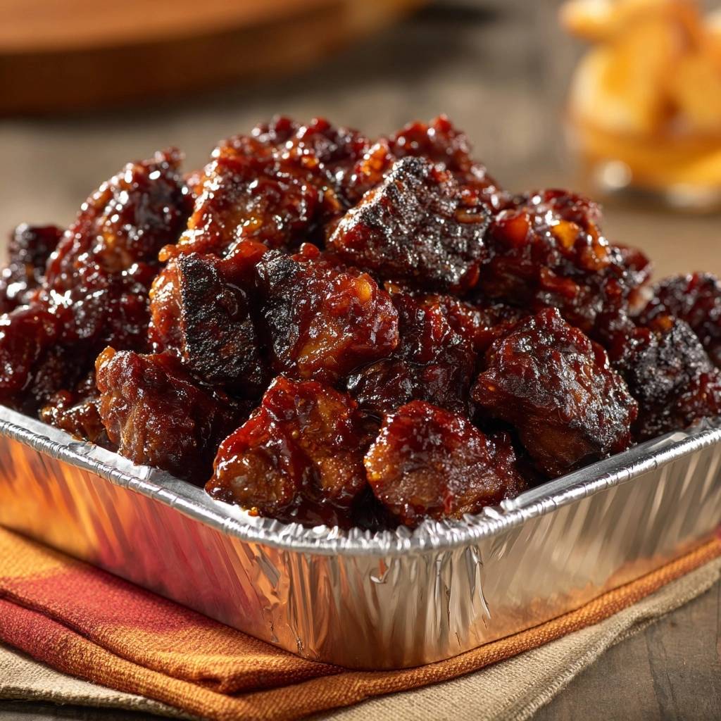 Hawaiian BBQ Beef Bites served in a foil pan, showing a close-up of the glazed, tender pieces.