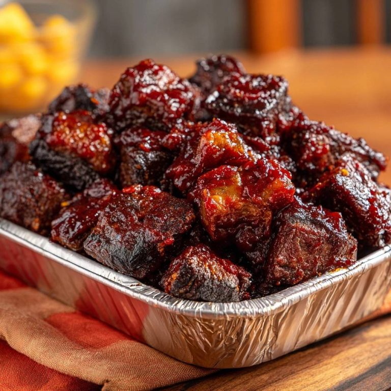 Hawaiian BBQ Beef Bites in a foil tray, showcasing the tender, juicy, glazed meat up close.