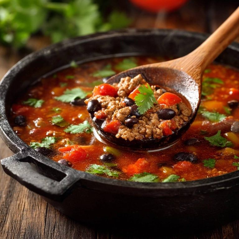 Hearty beef black bean chili shown in a cast iron pot with a wooden spoon lifting a spoonful.
