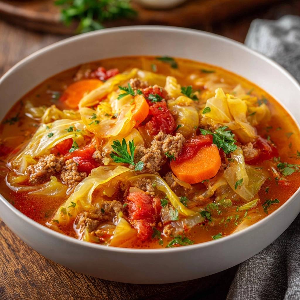 Hearty beef cabbage soup with crisp texture shown in a close-up view of a white bowl filled with the steaming dish.