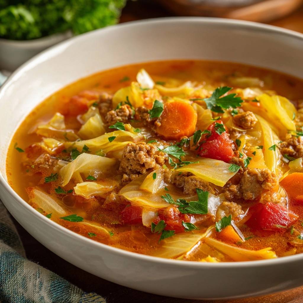 Hearty beef cabbage soup with visible chunks of meat, cabbage, carrots, and tomatoes in a rich broth, served in a white bowl.