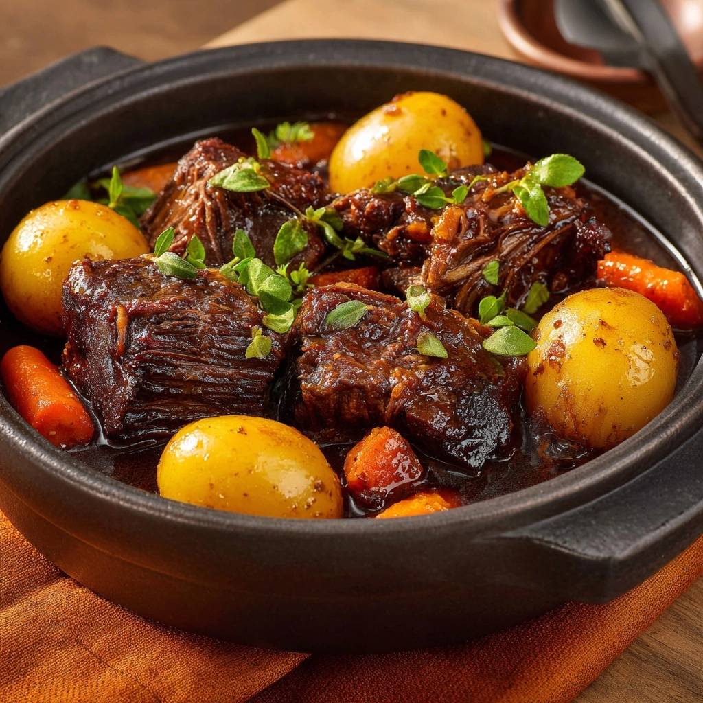 Hearty beef stew with potatoes and carrots in a black dutch oven, close-up view.