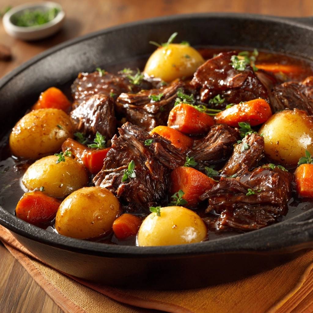 Hearty beef stew with tender beef, carrots, and potatoes served in a cast iron skillet.