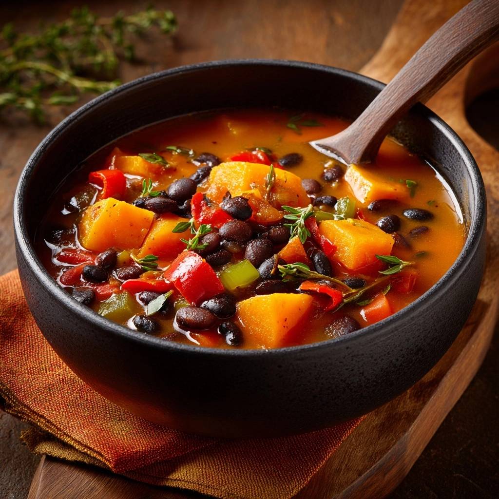 Hearty black bean butternut squash soup in a black bowl, featuring a close-up view of the chunky ingredients and broth.