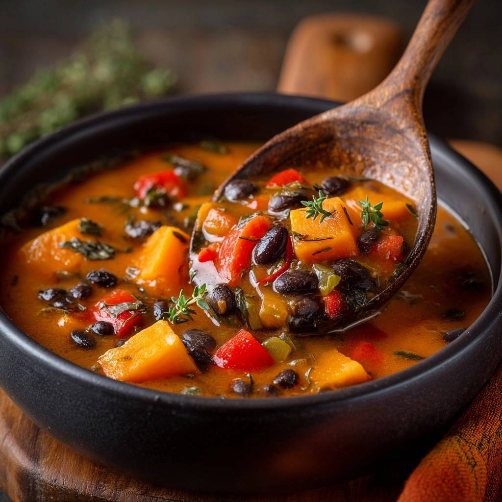 Hearty black bean butternut squash soup shown with a wooden spoon lifting a spoonful with visible chunks of squash and beans.