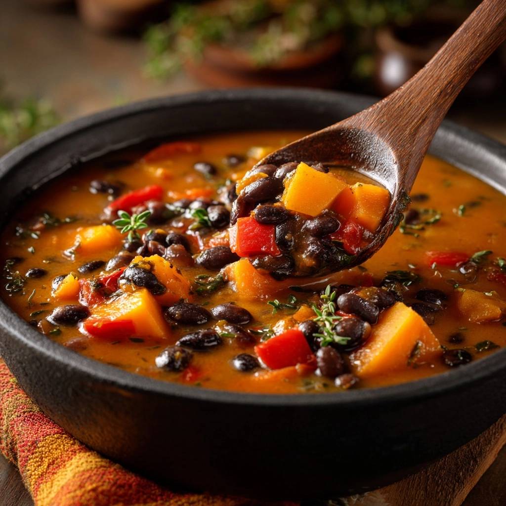 Hearty butternut squash black bean soup being scooped with a wooden spoon, showing chunks of squash and beans.