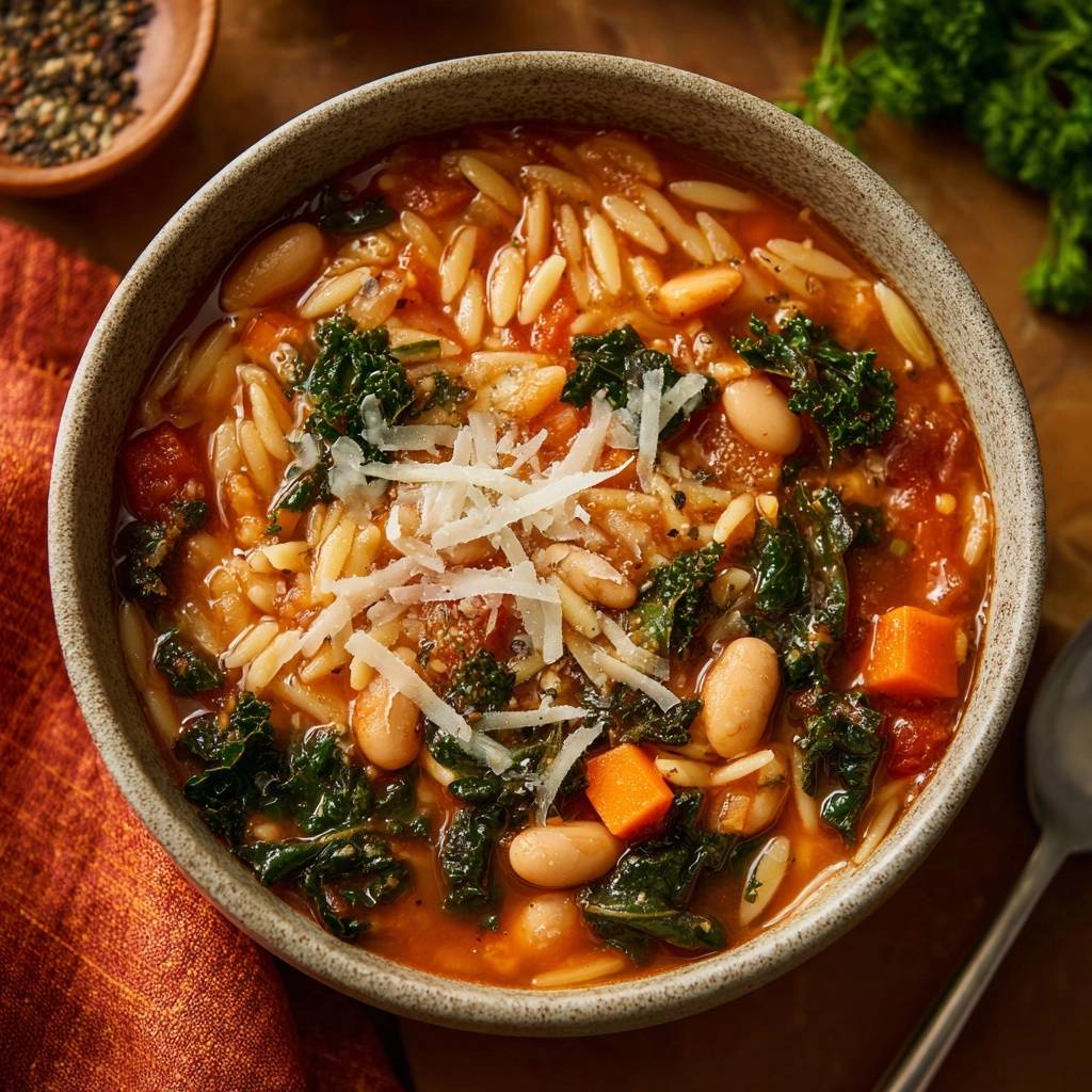 Hearty tomato orzo soup with beans and kale, topped with freshly grated Parmesan cheese in a rustic bowl.
