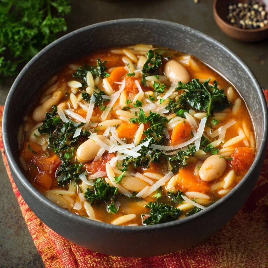 Hearty tomato orzo soup with beans and kale, a close-up view of the comforting dish served in a dark bowl.