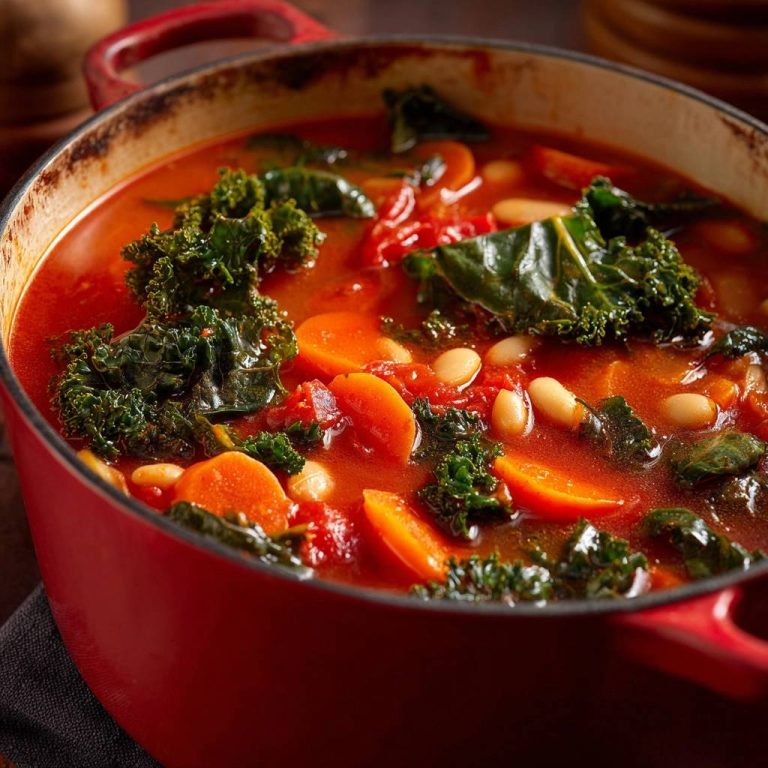 Hearty tomato white bean kale soup served in a red Dutch oven, showcasing its vibrant ingredients in a close-up view.