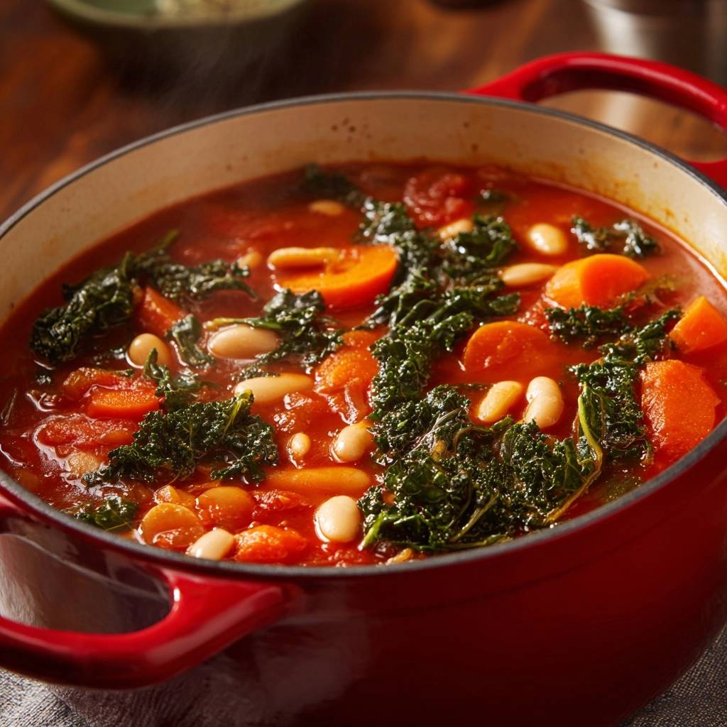 Hearty tomato white bean kale soup simmering in a red Dutch oven, with steam rising from the rich broth.
