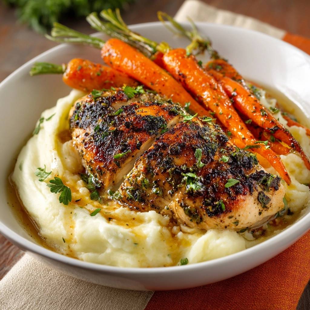 Juicy herb chicken with creamy mash and glazed carrots, shown in a close-up view of a sliced chicken breast.