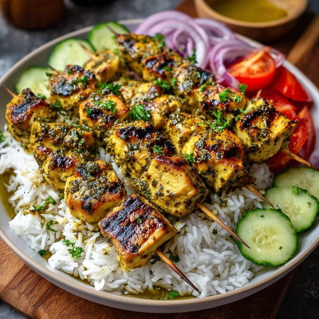Herb grilled chicken skewers over rice, plated with cucumbers and tomatoes, presented in an overhead view.