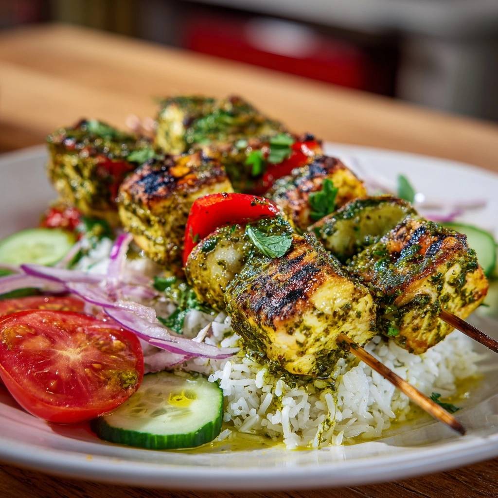 Herb grilled chicken skewers over rice plated with fresh tomato, cucumber, and red onion, showcasing the herb marinade detail.