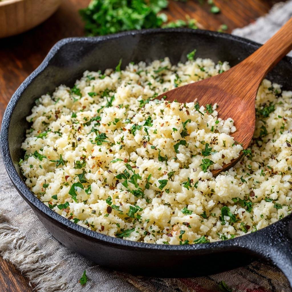 Herby cauliflower rice in a cast iron skillet, showcasing fluffy grains with fresh parsley and a wooden spoon.