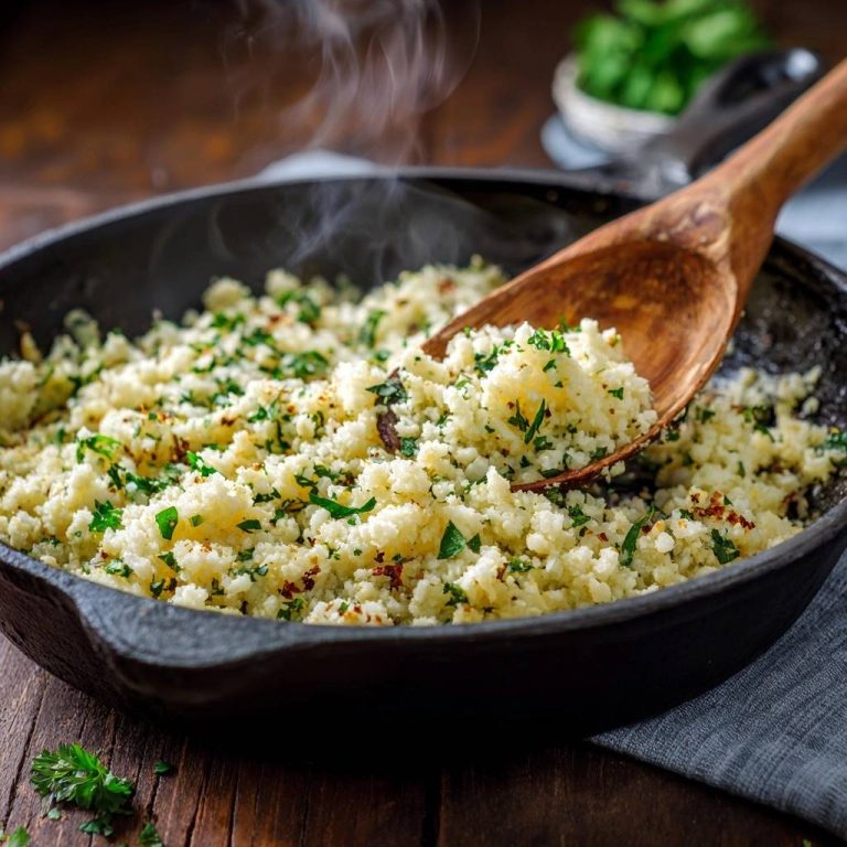 Herby cauliflower rice with visible steam rising, being scooped from a cast-iron skillet with a wooden spoon.