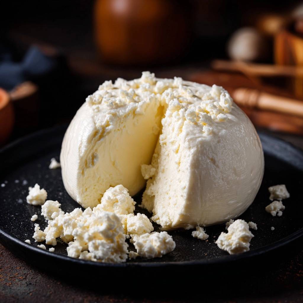 Homemade burrata cheese shown in a close-up cross-section revealing its creamy interior and fresh curds.