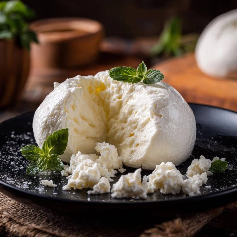 Homemade burrata cheese shown in a close-up cross-section with fresh mint leaves and crumbled cheese on a black plate.