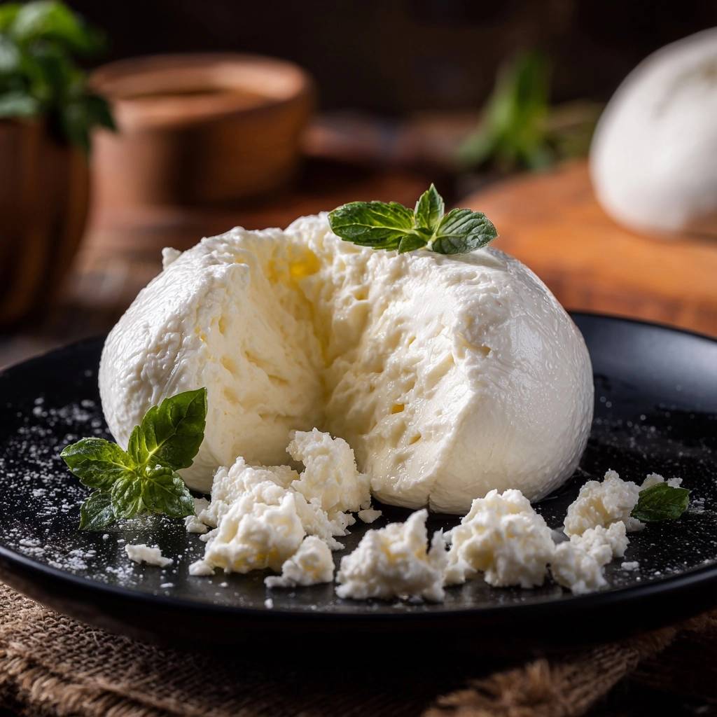 Homemade burrata cheese shown in a close-up cross-section with fresh mint leaves and crumbled cheese on a black plate.
