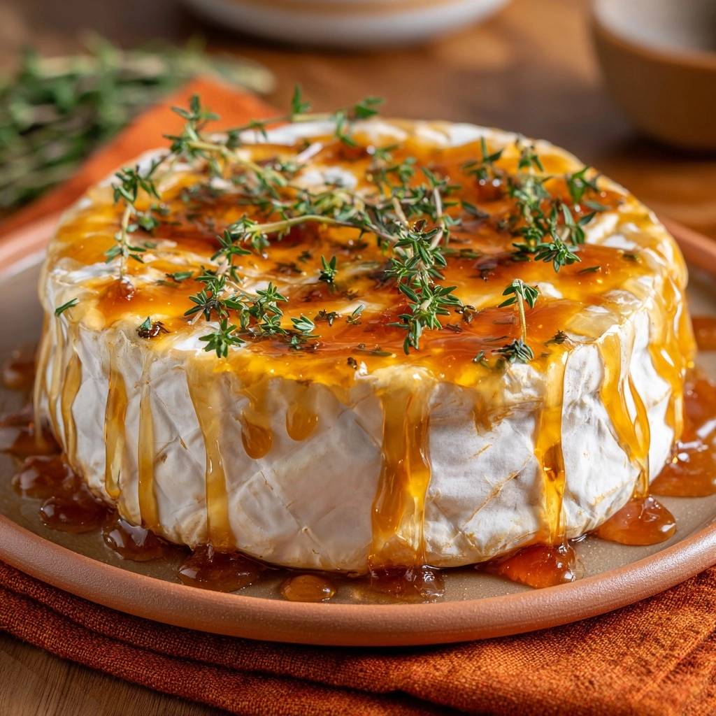 Honey thyme baked brie drizzled with a glistening amber glaze and fresh thyme sprigs.
