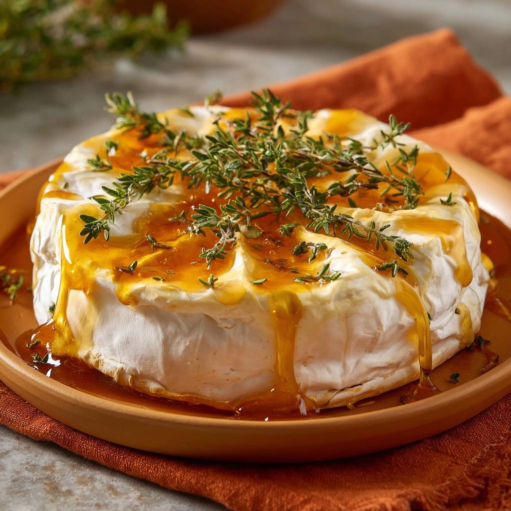 Honey thyme baked brie without the mess, with golden honey drizzled over the top and fresh thyme sprigs.