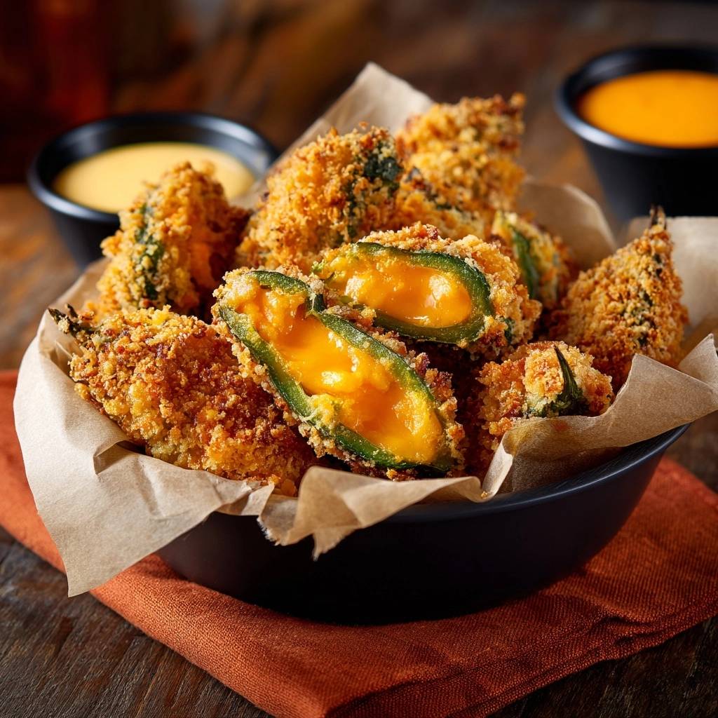 Crispy Jalapeño Cheese Poppers shown in a cross-section, revealing the melted cheese filling.
